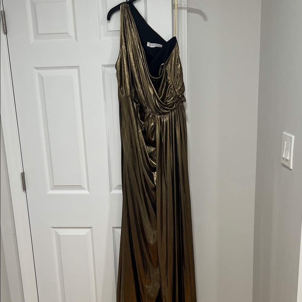 Mac Duggal Metallic Gold One-Shoulder Gown